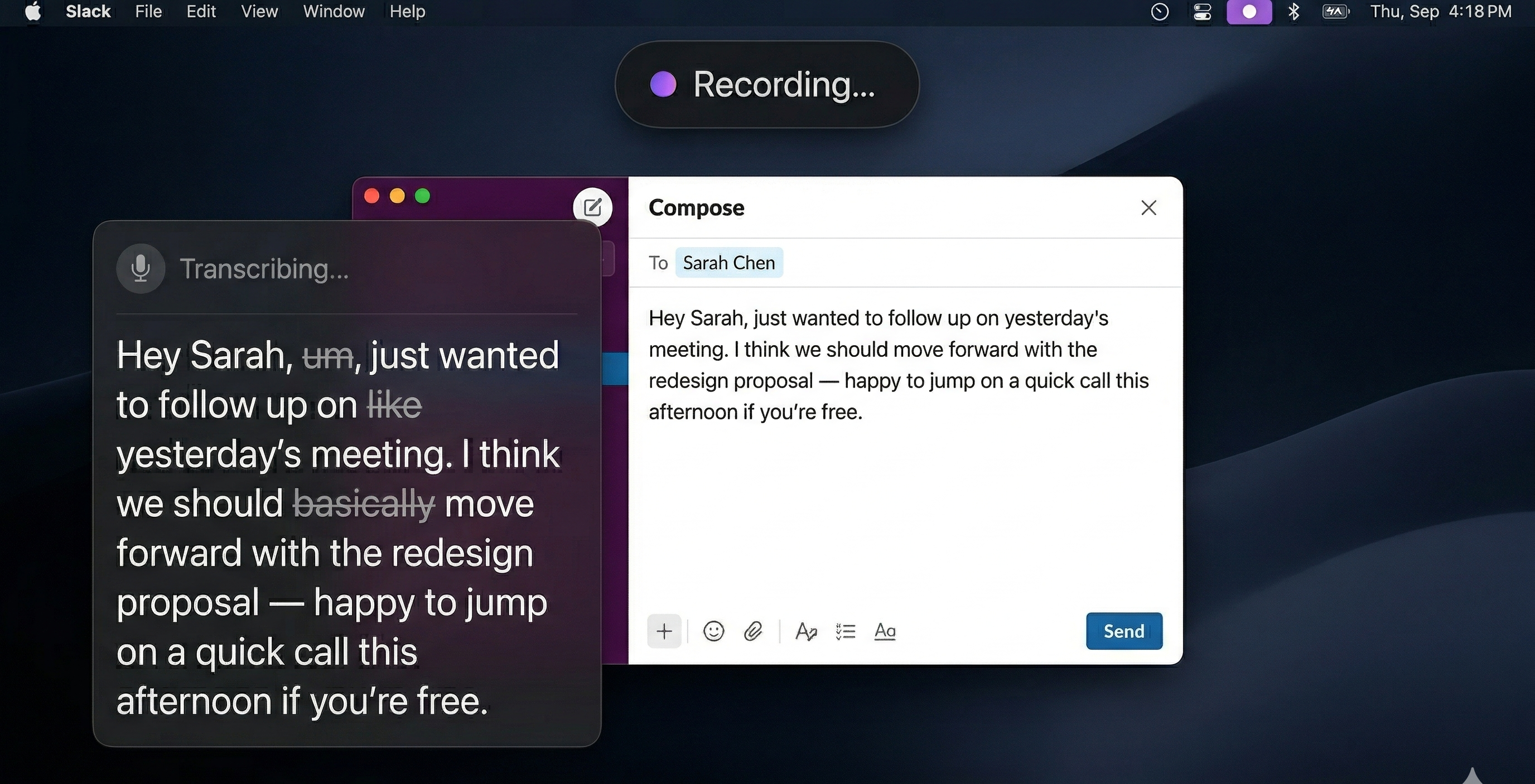 Air Wisper in action — speak naturally, get clean text in Slack